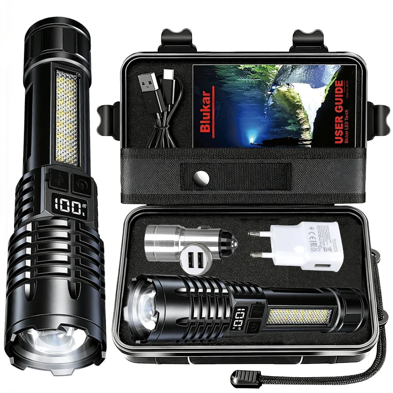 Rechargeable Zoom LED Flashlight with Display & Side Work Light