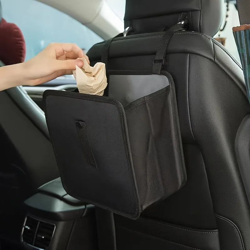 1pc Durable polyester fiber car trash can - Multi-functional folding hanging storage bag, zipper compartment, practical design