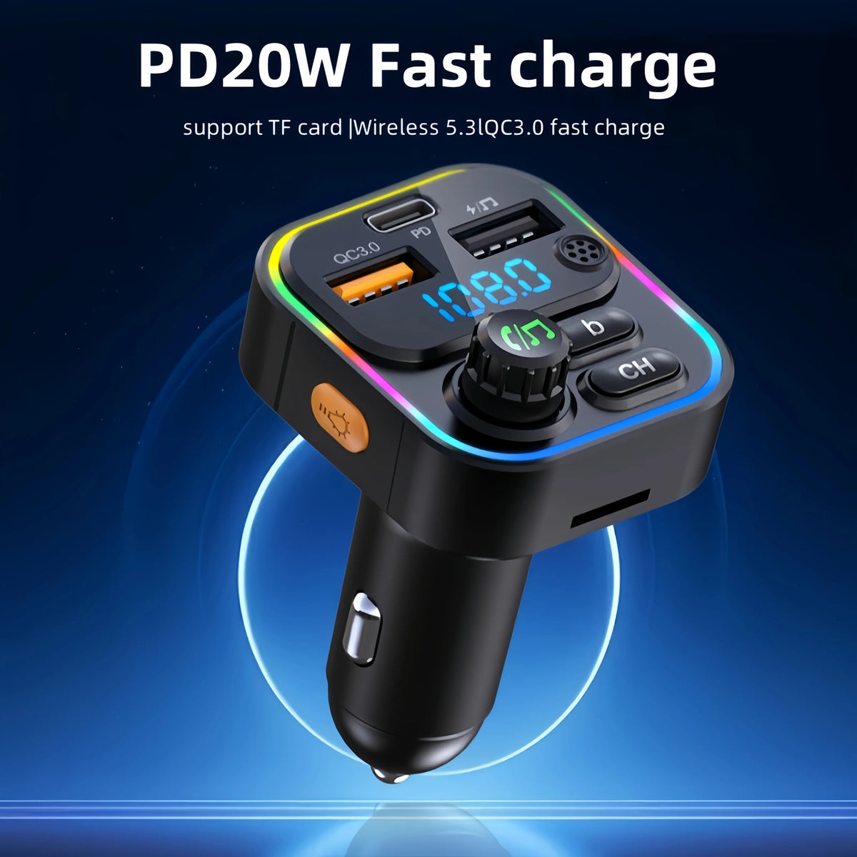 Bluetooth 5.3 FM Transmitter with PD 20W and QC3.0 Car Charger