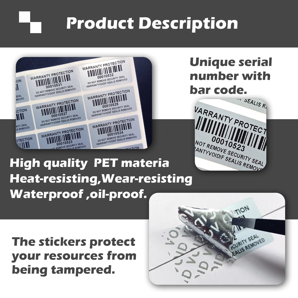 Tamper-Evident Warranty Void Security Labels with Serial Numbers, Silver