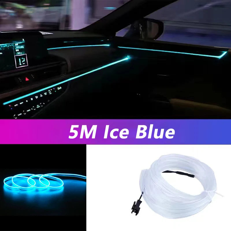 Car Interior LED Neon EL Wire Ambient Light Strip, USB, 5m
