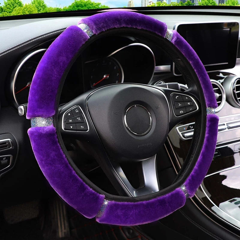 Plush Steering Wheel, Gearshift & Handbrake Cover Set with Rhinestones