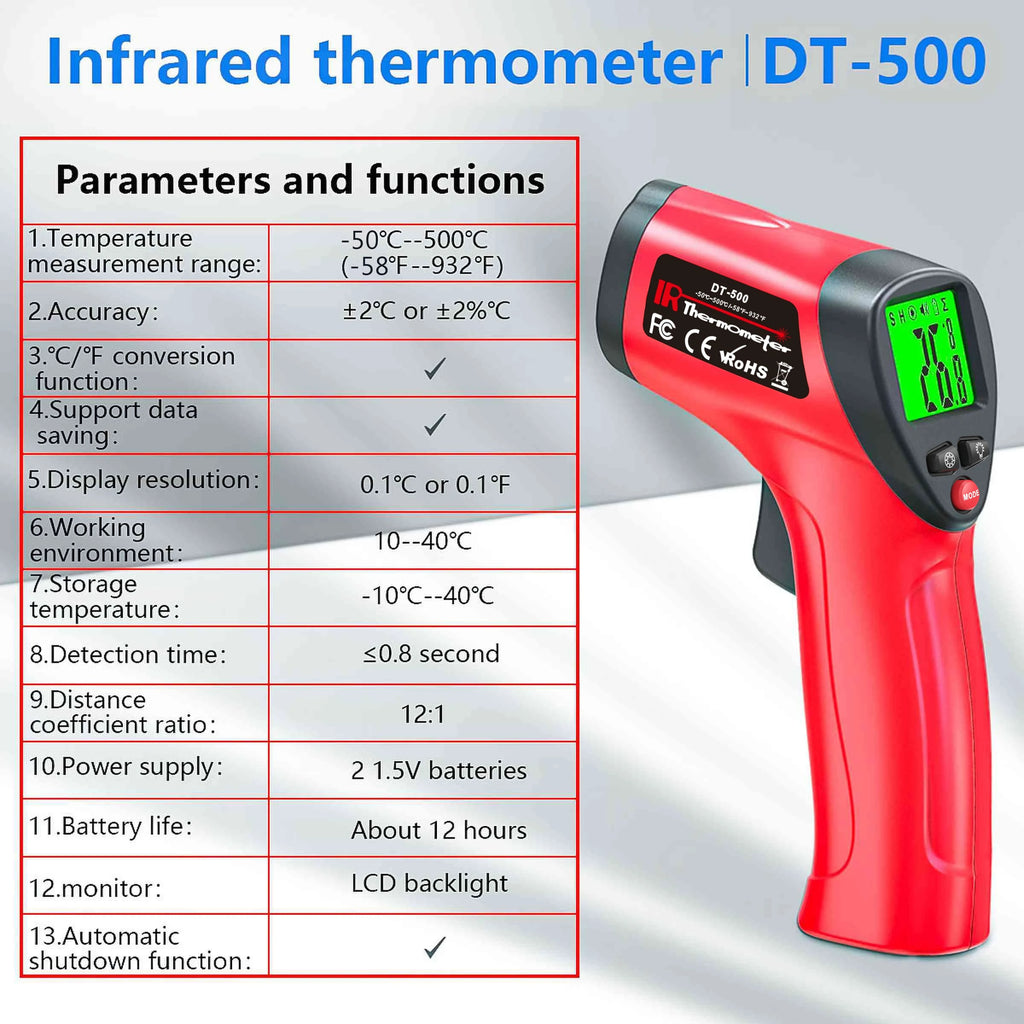Infrared Thermometer Gun  -50~500°C Non-contact Laser Temperature Gun Handheld Temp Sensor Measure Digital Pyrometer LCD Backlit