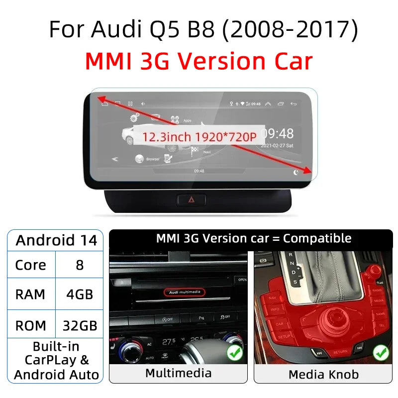 12.3-inch Android 14 Car Radio GPS WiFi CarPlay for Audi Q5 2008-2017 - image 13