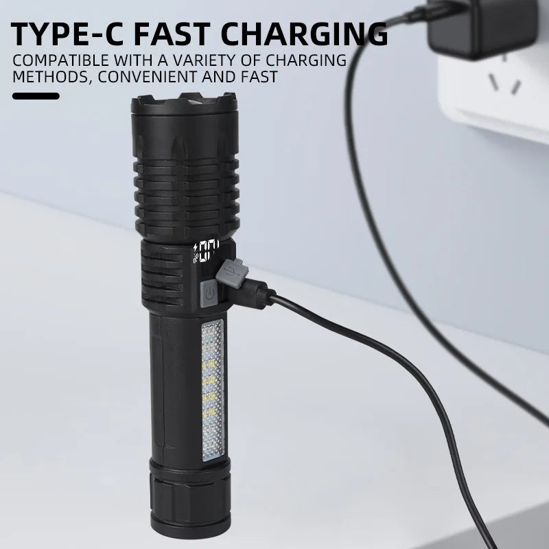 Portable Rechargeable High Power LED Flashlights With Display Screen Zoom Tactical Torch Lamp with Emergency Side Lights Lantern