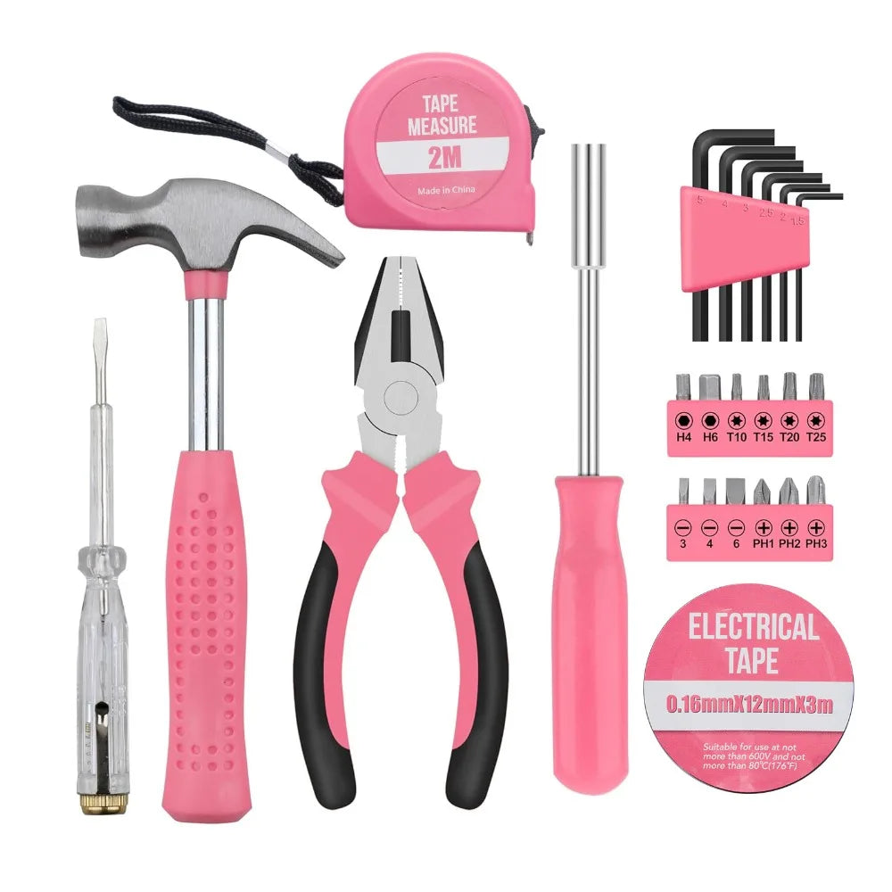 Pink Home Repair Tool Kit Portable Hand Tools Set with Hammer Vise Wrench Screwdriver