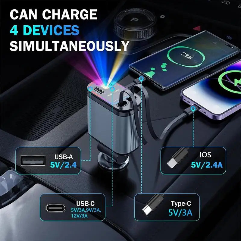 4-in-1 Retractable Car Charger with Starry Sky Light