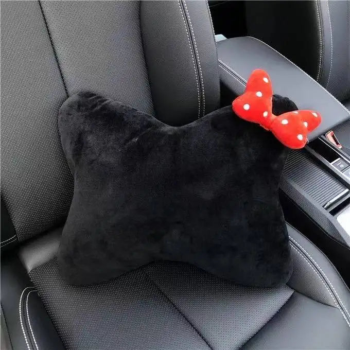 Pink Plush Bowknot Car Neck Pillow and Lumbar Cushion