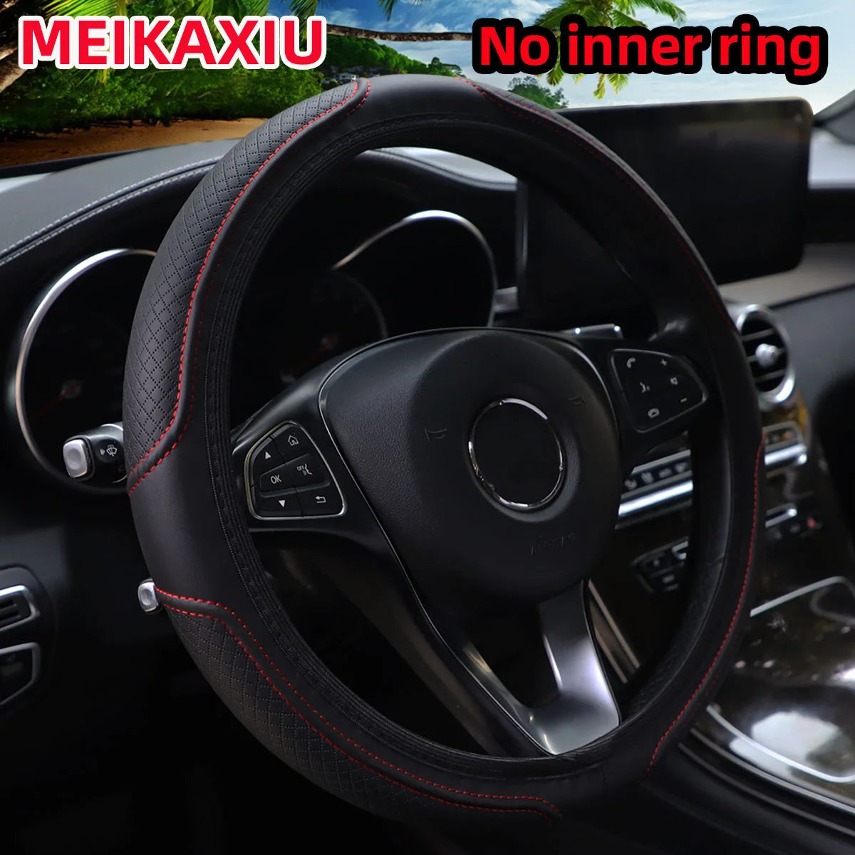 Embossed PU Leather Steering Wheel Cover, 14.5-15 Inch