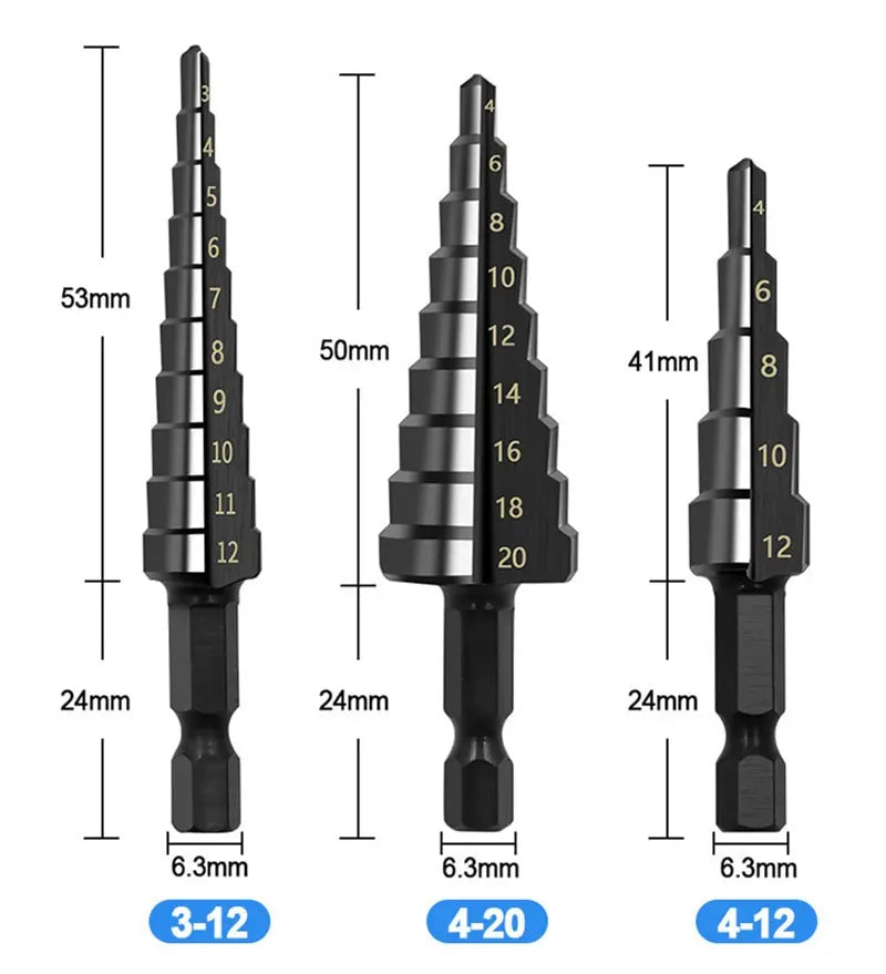 3Pcs HSS Step Drill Bit Set 3-12/4-12/4-20mm Hex Shank Wood Metal - image 12