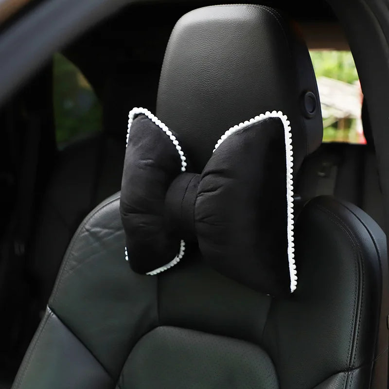 Pink Plush Bowknot Car Neck Pillow and Lumbar Cushion