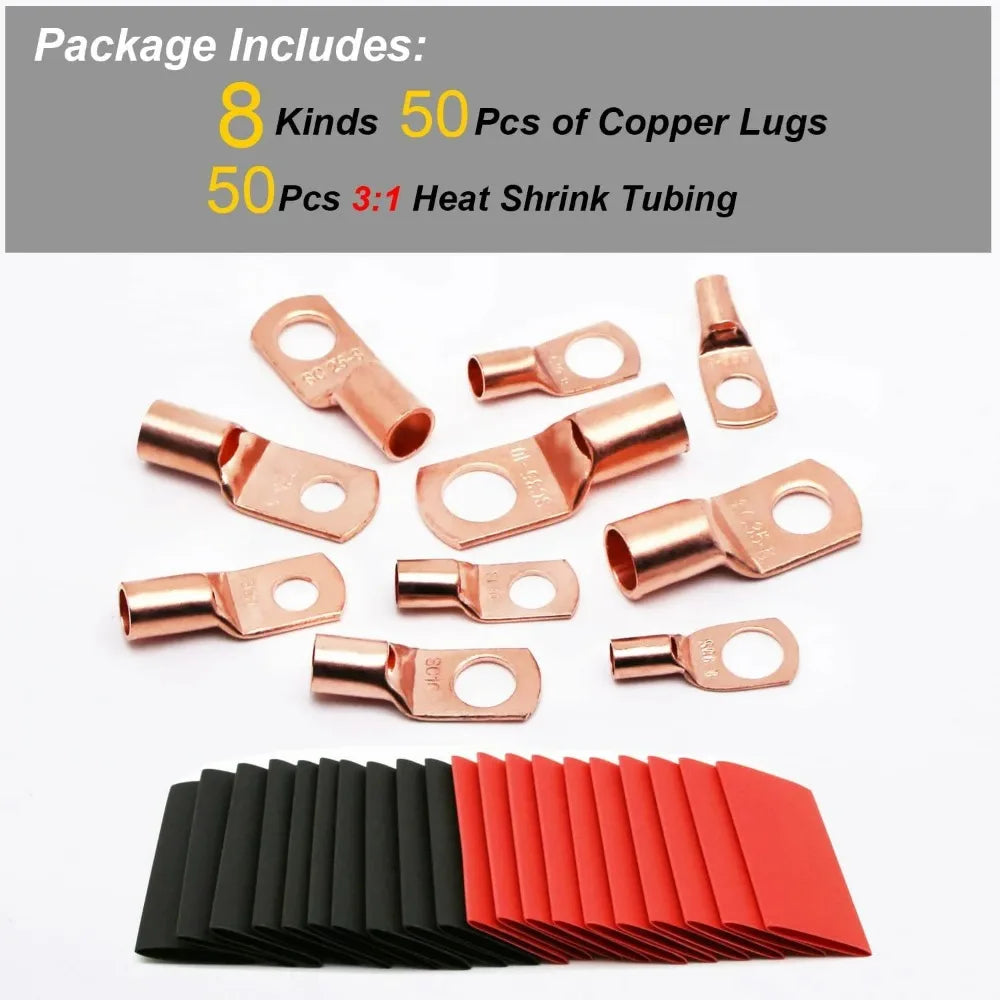 100pcs Copper Ring Lug Terminal Kit AWG 4 6 8 10 12 With Shrink Tubing