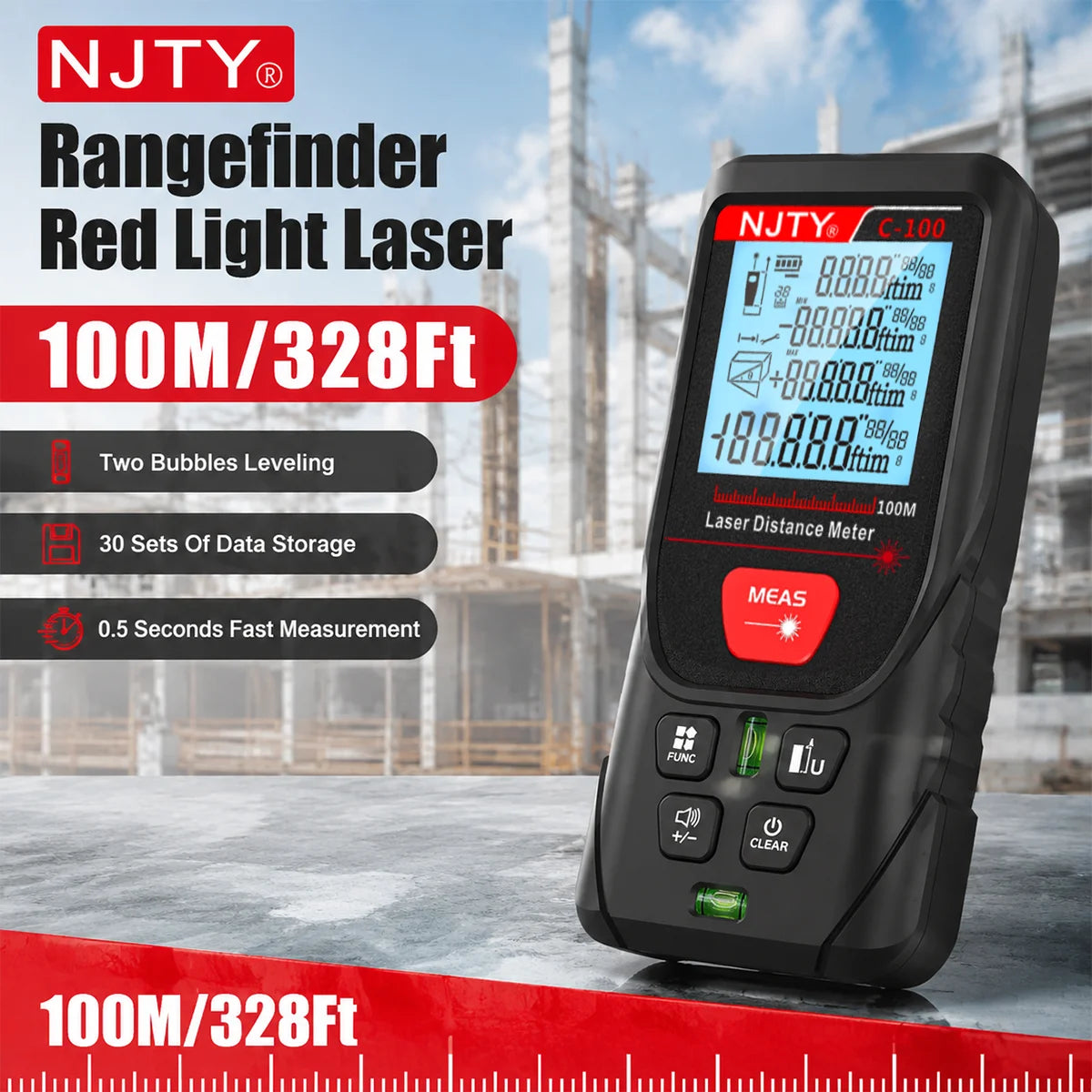 C-50/100/200m Laser Distance Meter Handheld Digital Rangefinder Area Volume Pythagorean Measurement Backlit LCD Display Tools