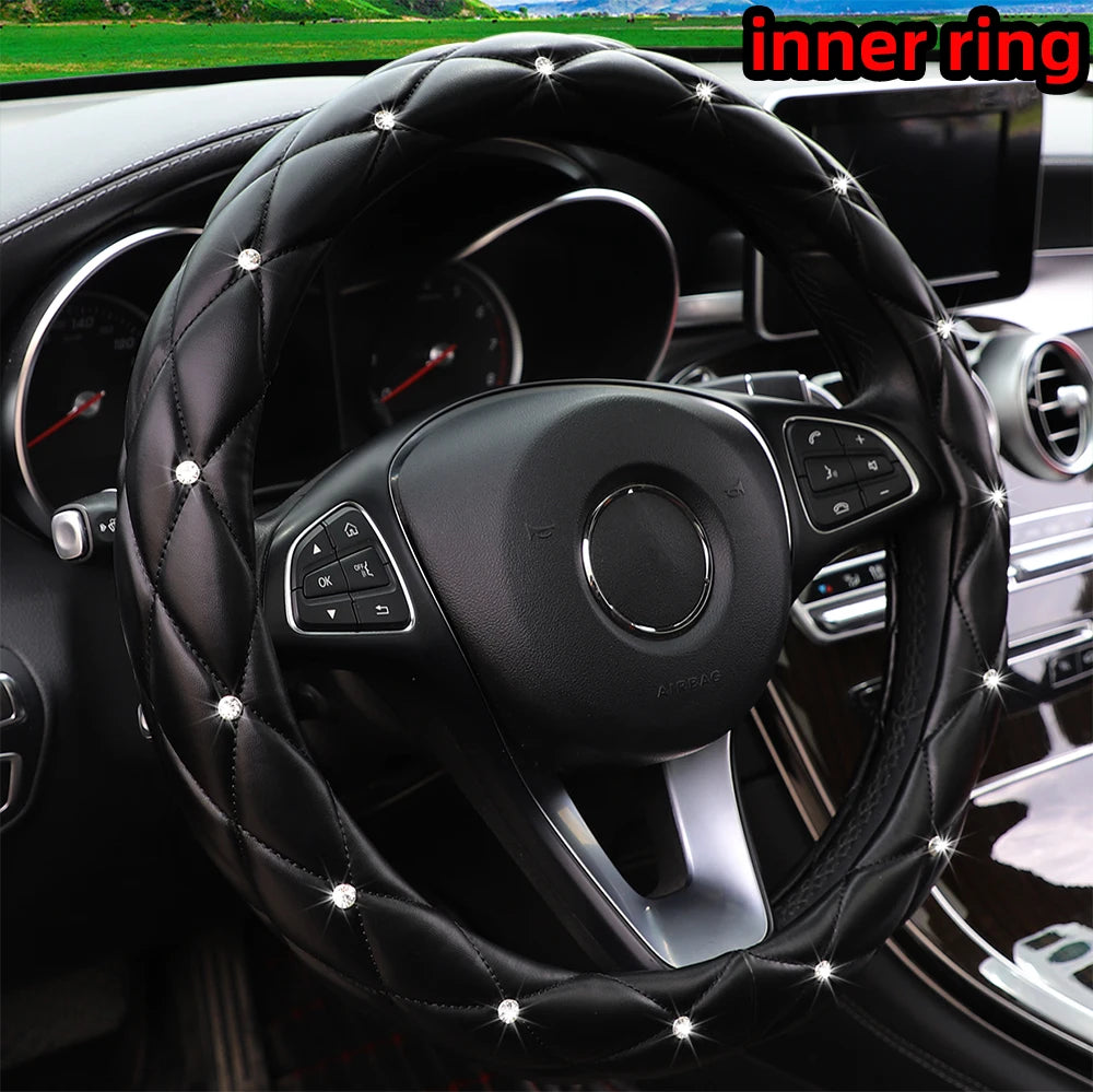 Embroidered Steering Wheel Cover with Diamond-Studded Inner Ring, 14.5-15"