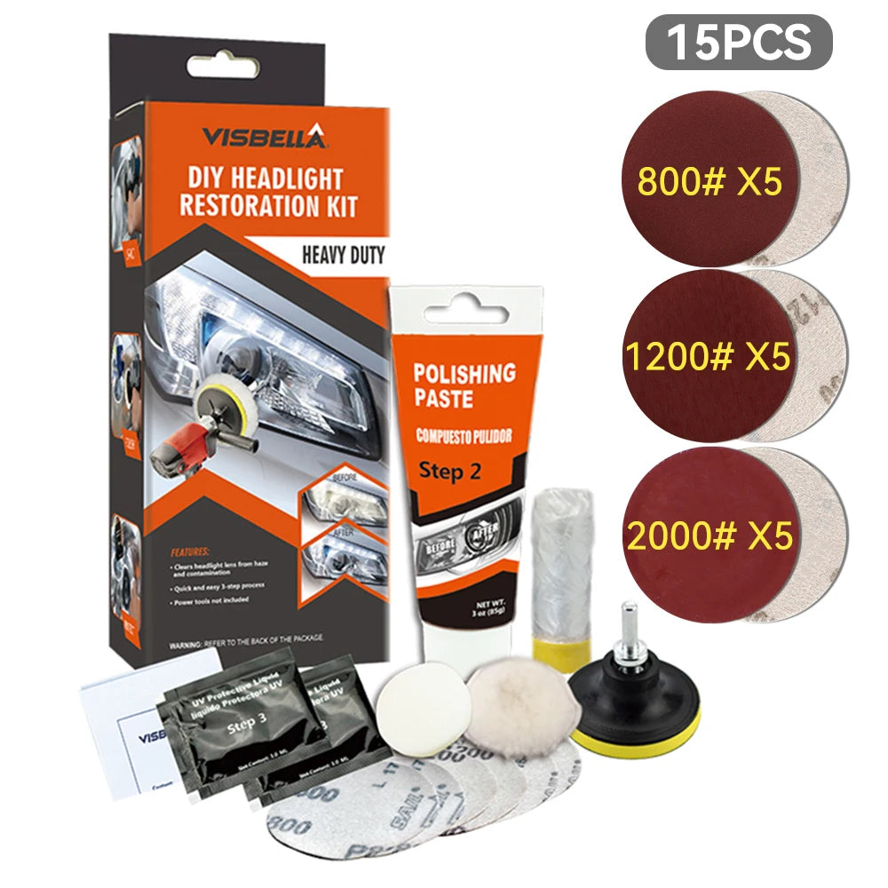 Car Headlight Restoration Kit with Polishing Paste, Sanding & Wax