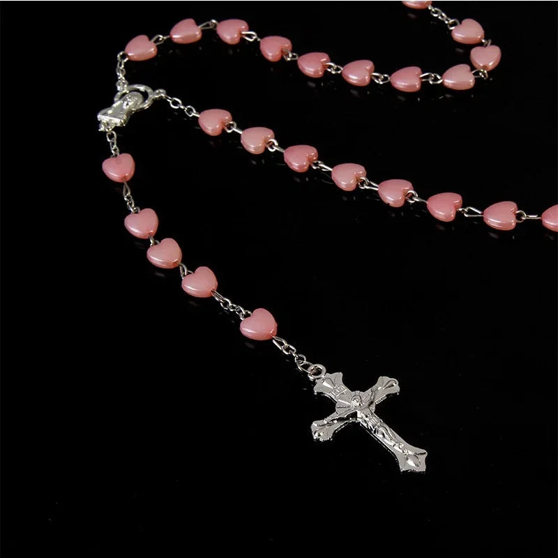Catholic Rosary Pendant Necklace White Heart Beads Car Ornament - image 2