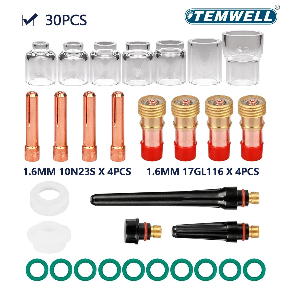 30 Pcs TIG Welding Torch Accessories, 2.4mm Stubby Gas Lens Pyrex Cup Kit