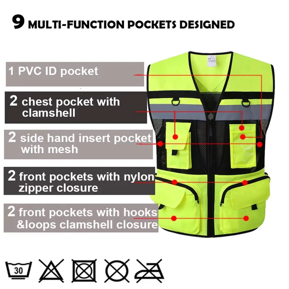 Workwear Safety Vest High Visibility Construction Building Work Waistcoats with Multi Functional Pockets Hi Vis Vests