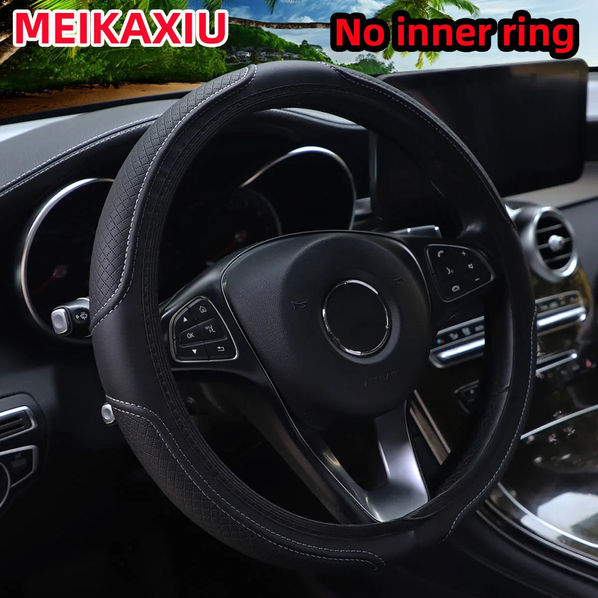 Embossed PU Leather Steering Wheel Cover, 14.5-15 Inch