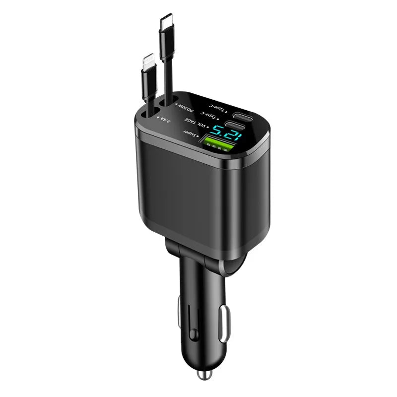 Car Charger with Digital Display and Retractable USB-C Cable