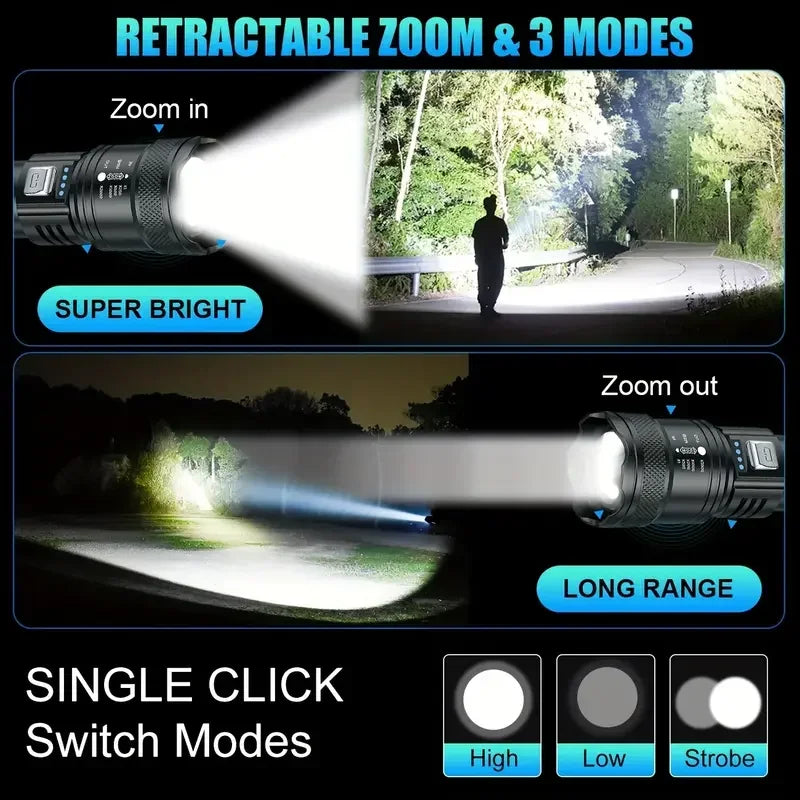 Tactical LED Flashlight 2000LM USB Rechargeable Waterproof Grade Zoom Torch Bright Portable Emergency Light for Camping Outdoor