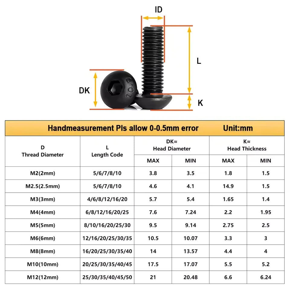 Hex Socket Button Head Screws, M2-M8, 10-200pcs