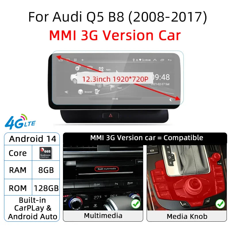 12.3-inch Android 14 Car Radio GPS WiFi CarPlay for Audi Q5 2008-2017 - image 9
