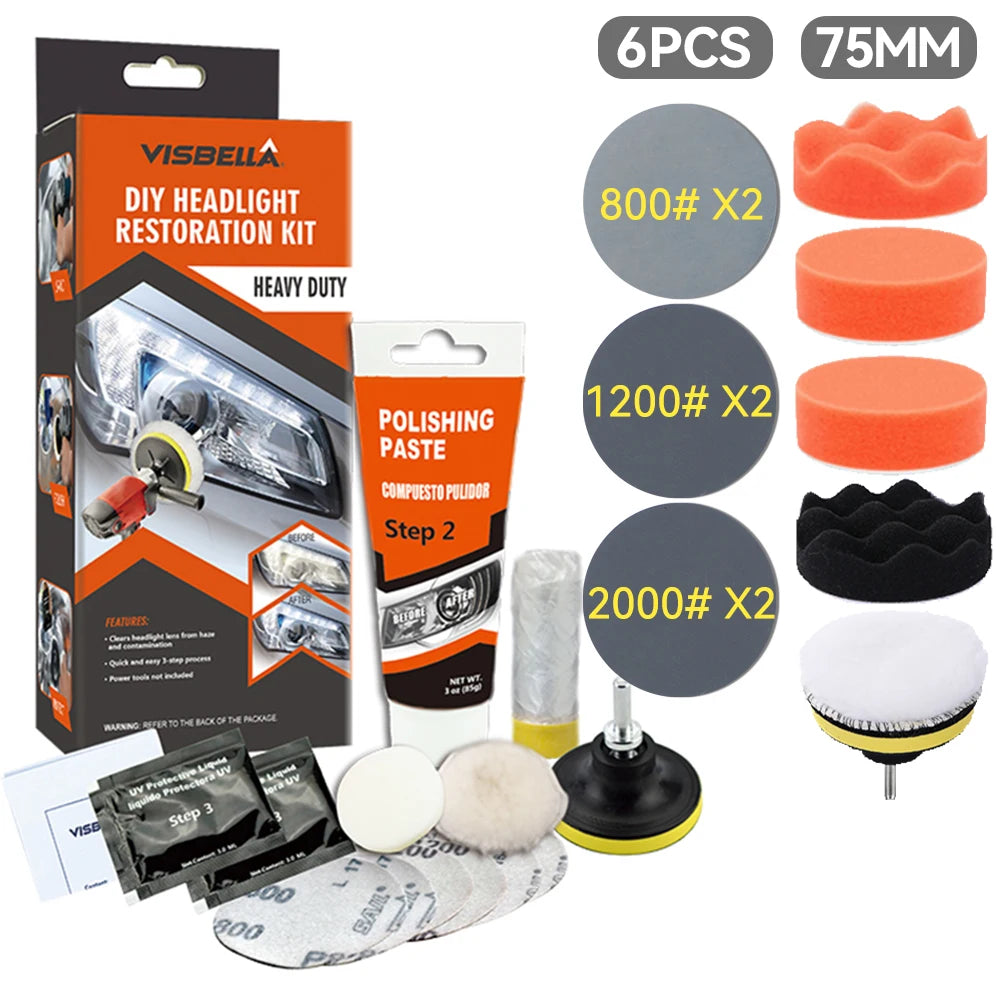 Car Headlight Restoration Kit with Polishing Paste, Sanding & Wax