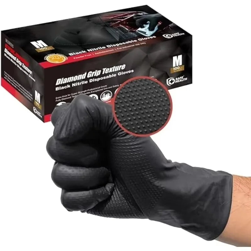 Black Nitrile Gloves Disposable 8-mil Latex Free Mechanic Gloves for Men Heavy Duty Diamond Textured Industrial Mechanic Gloves