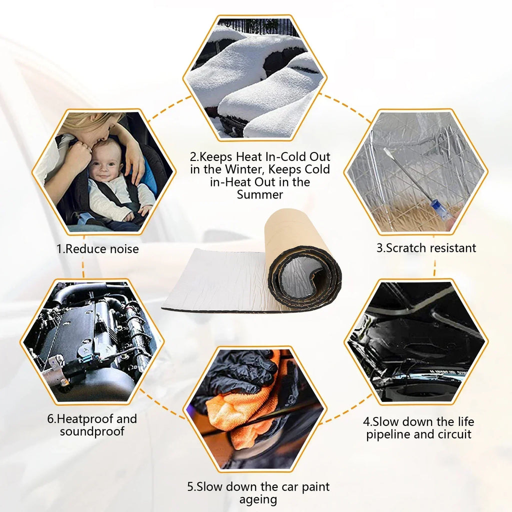Car noise deadening mat, closed cell foam hood and panel insulation sheet