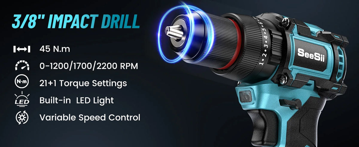 SEESII 21V Brushless Cordless Drill & Impact Driver Kit (2x4.0Ah) - image 9