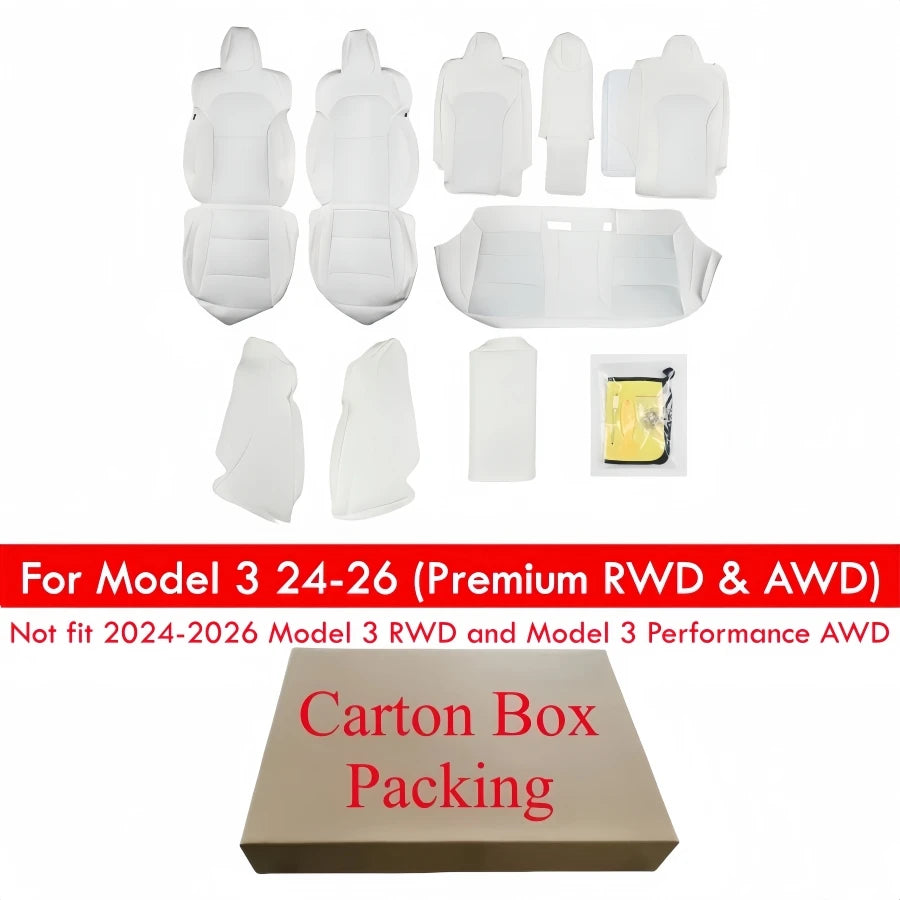 White PU Leather Seat Covers for Tesla Model Y and Model 3, Full 5-Seat Set