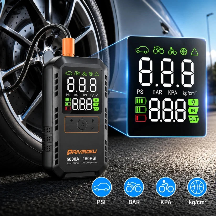 PAIVIROKU 4-IN-1 Car Jump Starter with Air Compressor 5000APeak Auto Battery Booster 150PSI Air Pump Power Bank Tire Inflator