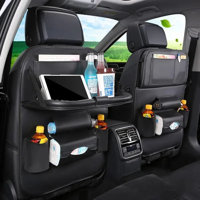Car Seat Back Organizer with Foldable Table Tray, PU Leather Storage, Pockets, Kick Mats, Interior Accessories