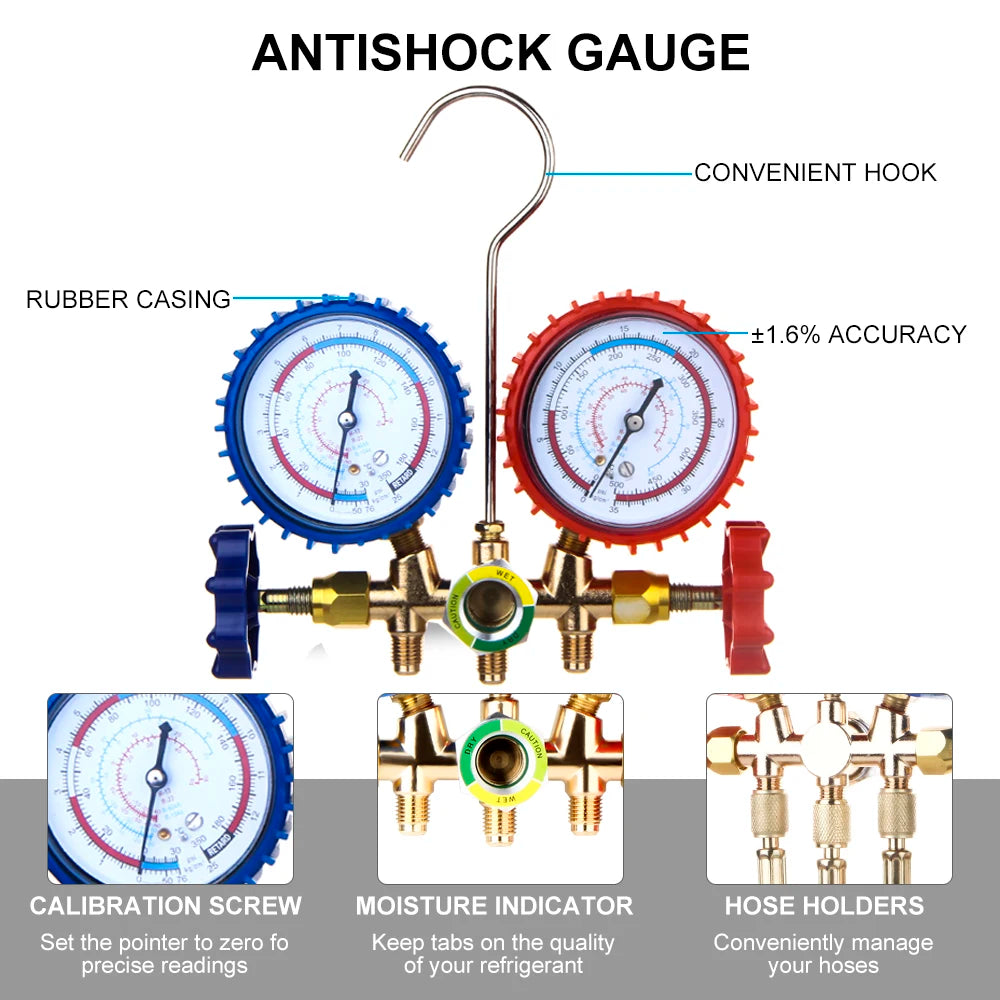 Refrigerant Manifold Gauge Air Condition Refrigeration Set Air Conditioning Tools with Hose and Hook For R404A R410A R22 R134A
