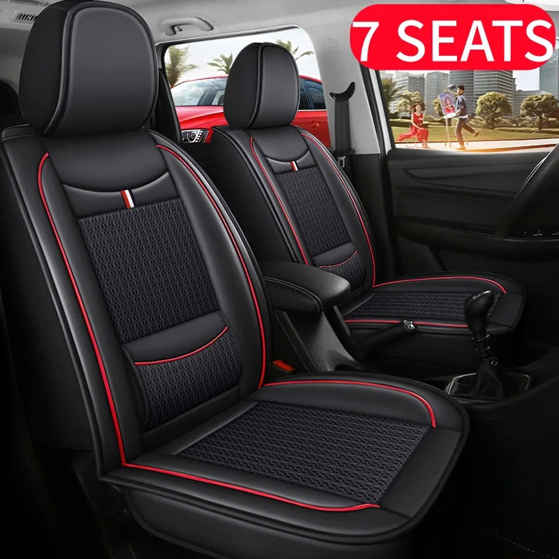 7-Seater, Luxurious Ice Silk/PU Leather Car Seat Cover, Suitable for All Seasons, High-End Car Interior Package, Suitable for Various MPV 7-Seater Seven Head Hat Styles, Comfortable, Breathable and Wear-Resistant, Enhancing Y