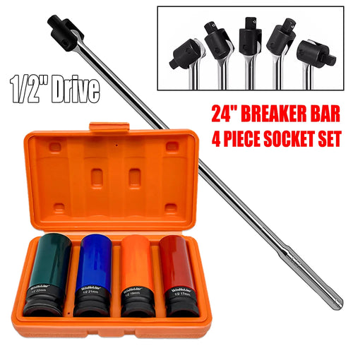 1/2" Drive 24" Breaker Bar with 4-Pc Lug Nut Socket Set 17-36mm & Case