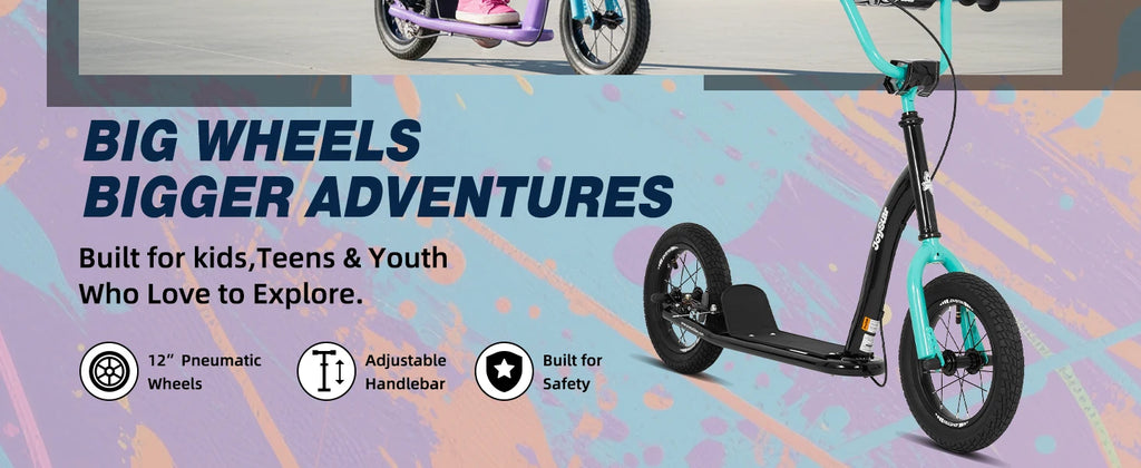 JOYSTAR 12" Kick Scooter for Kids 5+ Teens & Youth with Adjustable Handlebar Big Wheel 2-Wheel Scooter Rear Drum Brakes