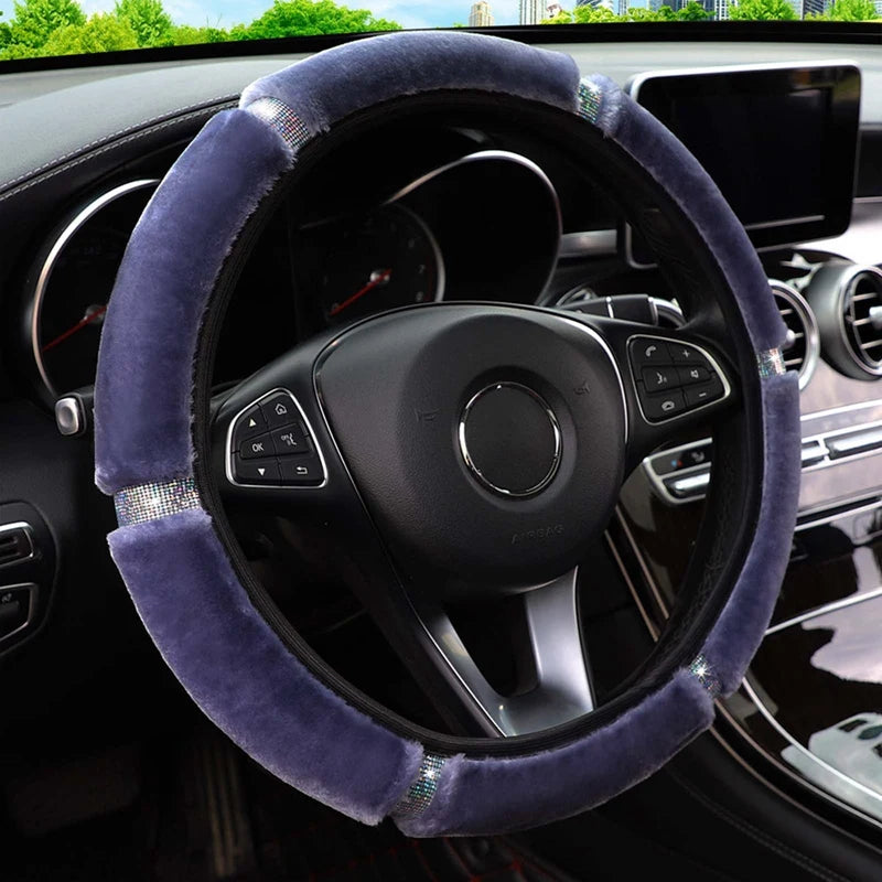 Plush Steering Wheel, Gearshift & Handbrake Cover Set with Rhinestones