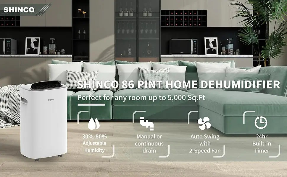 Shinco 86 Pints Dehumidifier for Home and Basements, 5000 Sq.Ft Dehumidifiers with Drain Hose, Auto or Manual Drainage