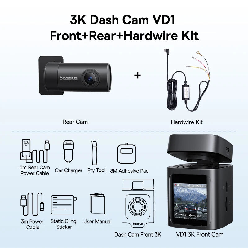 Baseus 3K Dash Cam VD1 Front and Rear Cam HD Built-in GPS Galileo Supercapacitor Car DVR Car Camera Recorder Support 24H Parking