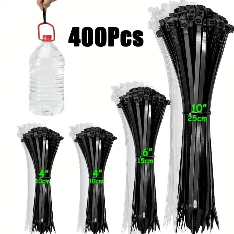 400Pcs Multi-Size Cable Ties Set, Heavy Duty Nylon Zip Ties, Black & White Self-Locking Wire Ties for Home Office Cable