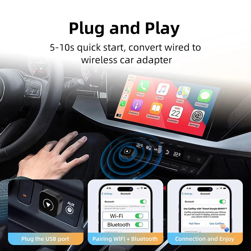 2-in-1 Wireless CarPlay and Android Auto Adapter, Plug and Play