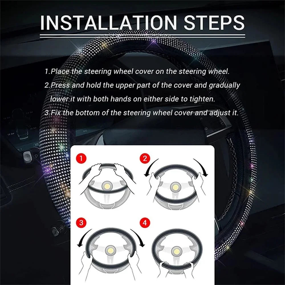38cm Rhinestone Steering Wheel Cover with Anti-Slip Inner Ring