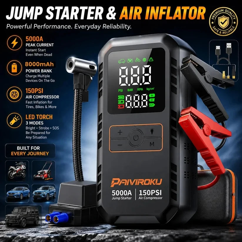 PAIVIROKU 4-IN-1 Car Jump Starter with Air Compressor 5000APeak Auto Battery Booster 150PSI Air Pump Power Bank Tire Inflator
