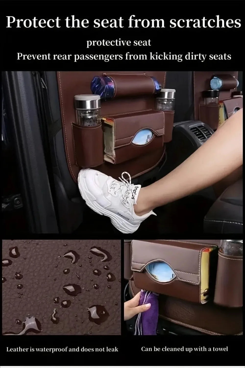 PU Leather Car Seat Back Organizer with Foldable Tray