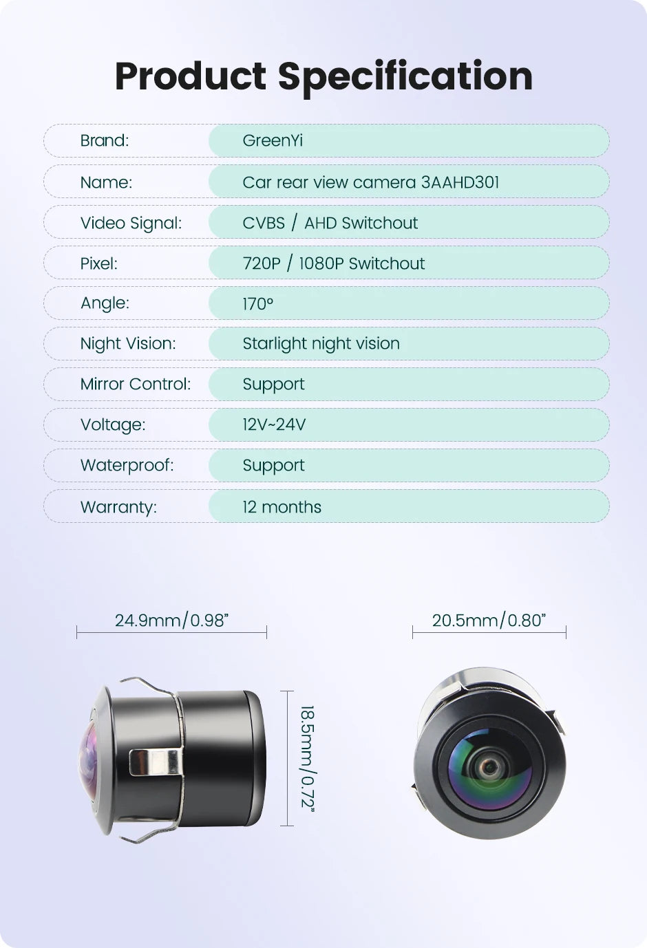 GreenYi AHD 1080P Front/Rear Camera, 170° Fisheye (G301) - image 16