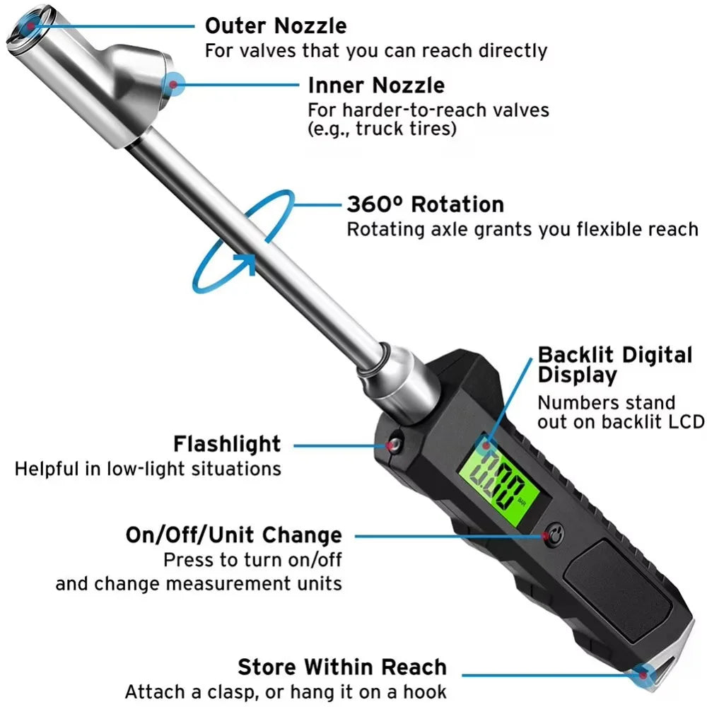 Digital Tire Pressure Gauge 230 PSI 4 Settings Heavy Duty Non-Slip with Backlit LCD Flashlight for Truck/Car/Bicycle/Motorbikes
