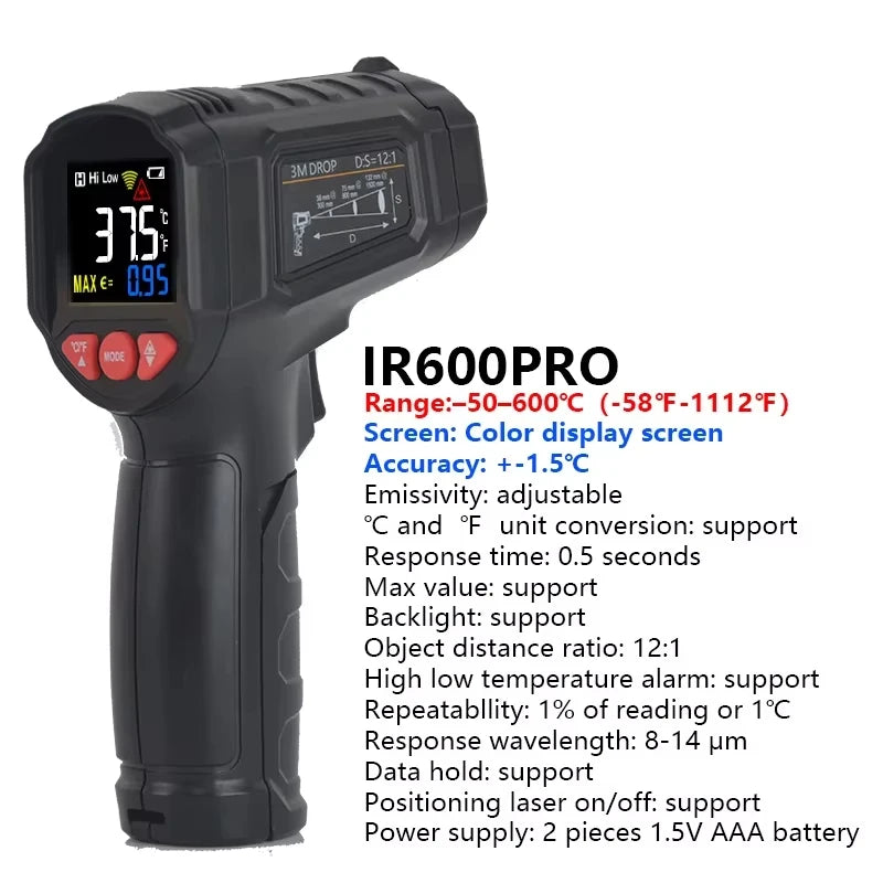 Digital Infrared Thermometer -50 to 800°C, Non-Contact Laser for Workshop