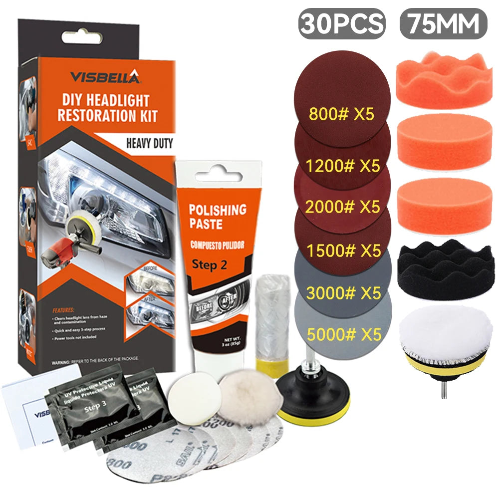 Car Headlight Restoration Kit with Polishing Paste, Sanding & Wax